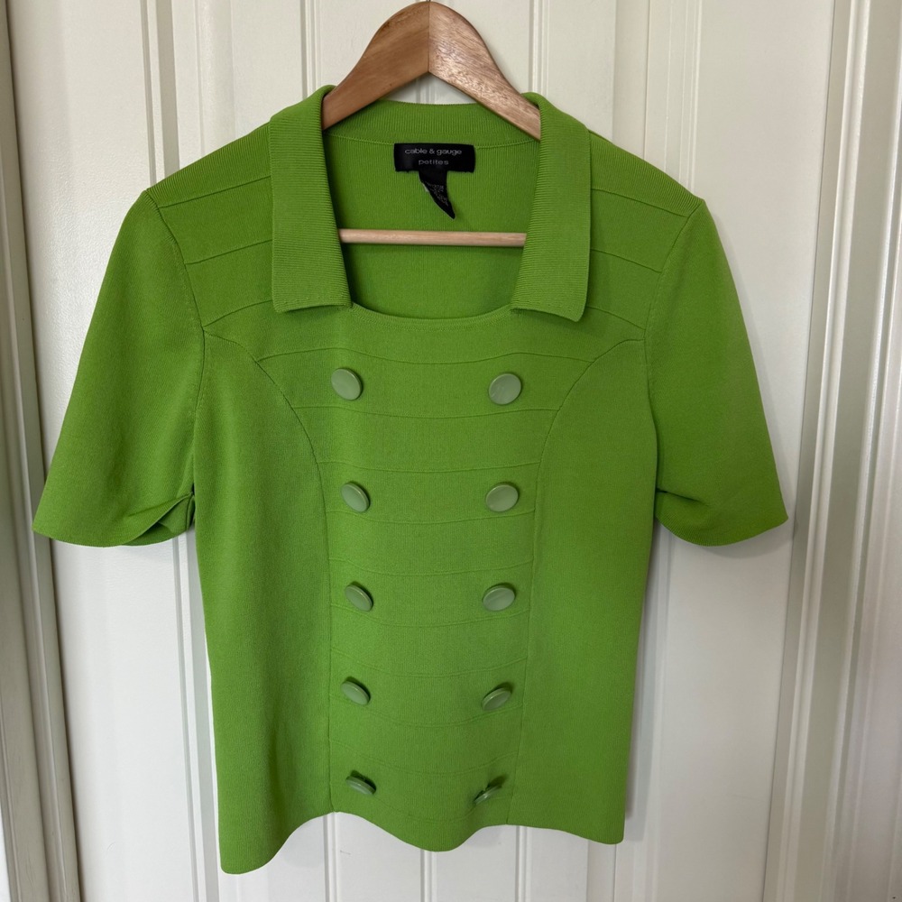 Cable & Gauge Knit Top Women PM Green Good Double Breasted Short Sleeve Square - Picture 2 of 7